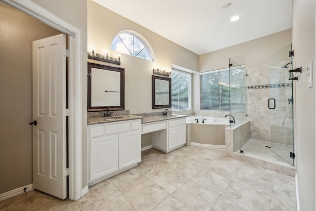 full bathroom with a sink, tile patterned floors, a stall shower, and a bath