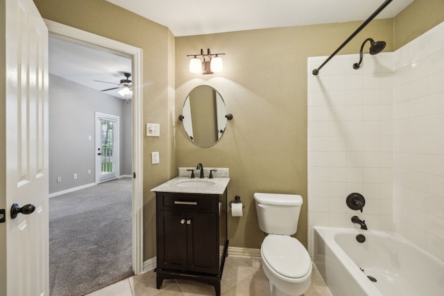 full bathroom with baseboards, ceiling fan, toilet, and shower / washtub combination