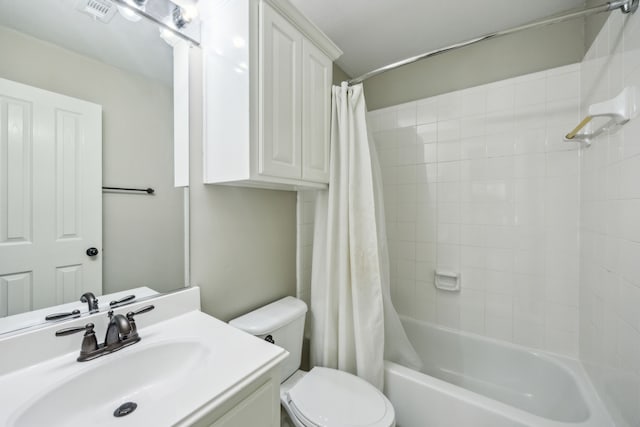 full bathroom with vanity, shower / bathtub combination with curtain, toilet, and visible vents