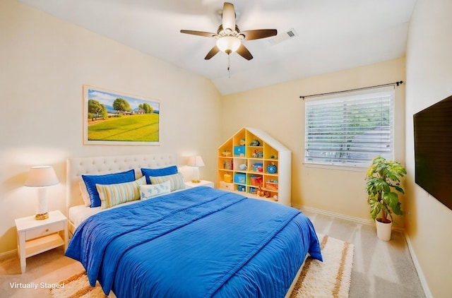 bedroom featuring baseboards, carpet flooring, ceiling fan, and visible vents