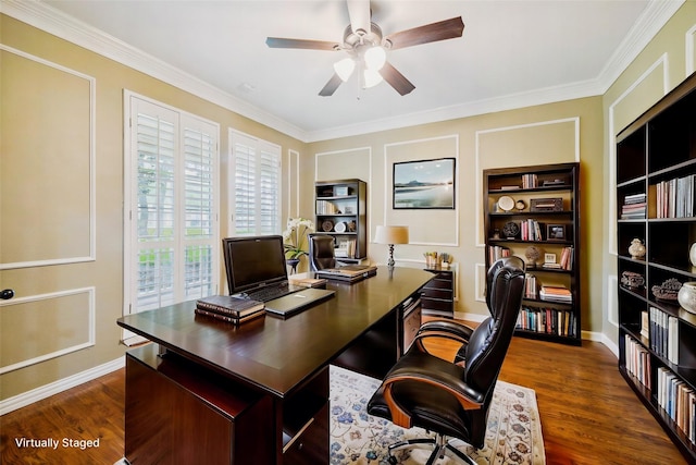 office area featuring crown molding, built in features, baseboards, ceiling fan, and dark wood-type flooring