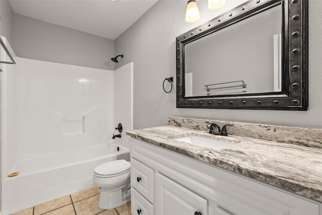 bathroom featuring vanity, shower / bathtub combination, tile patterned floors, and toilet