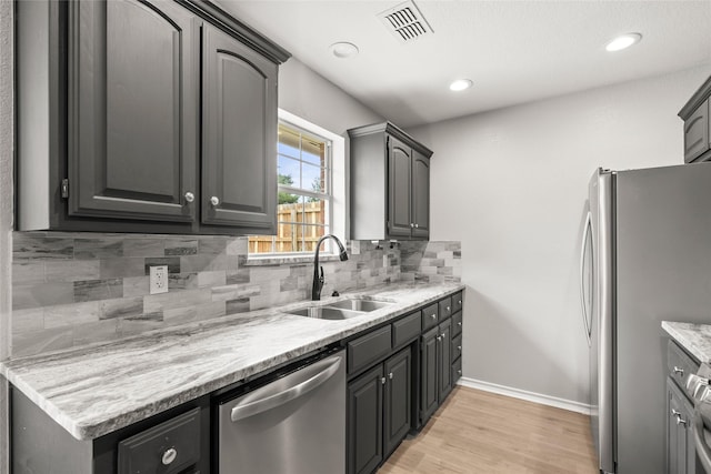 kitchen with visible vents, light wood-style floors, tasteful backsplash, a sink, and appliances with stainless steel finishes