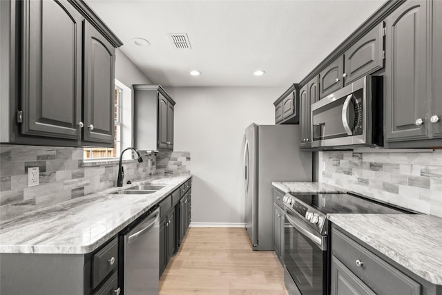 kitchen featuring visible vents, appliances with stainless steel finishes, tasteful backsplash, light wood-type flooring, and a sink