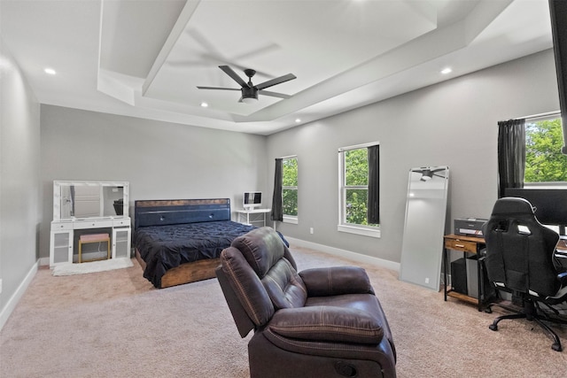 408 Bethlehem St, Terrell, TX 75160 - bedroom featuring carpet flooring, a tray ceiling, recessed lighting, a desk, and baseboards