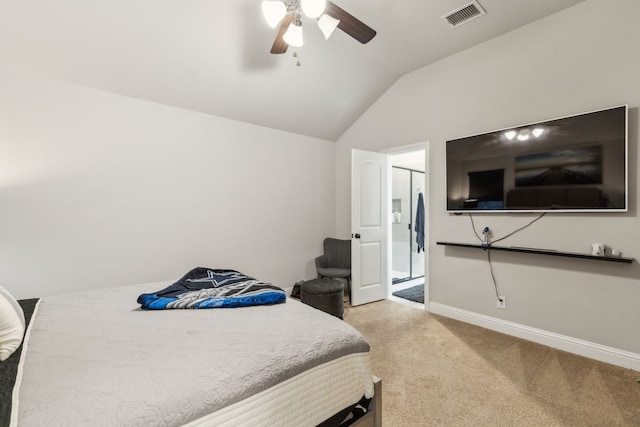 417 Highmeadow Dr, Aubrey, TX 76227 - bedroom with visible vents, baseboards, ceiling fan, light colored carpet, and vaulted ceiling
