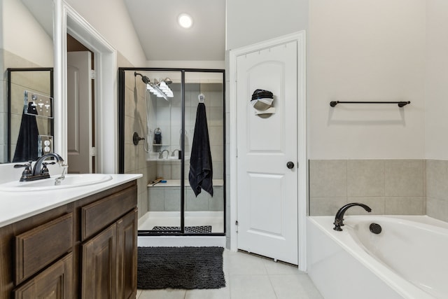 417 Highmeadow Dr, Aubrey, TX 76227 - bathroom featuring a garden tub, tile patterned floors, a stall shower, and vanity