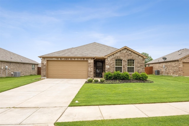 417 Highmeadow Dr, Aubrey, TX 76227 - view of front facade featuring a garage, cooling unit, driveway, and brick siding