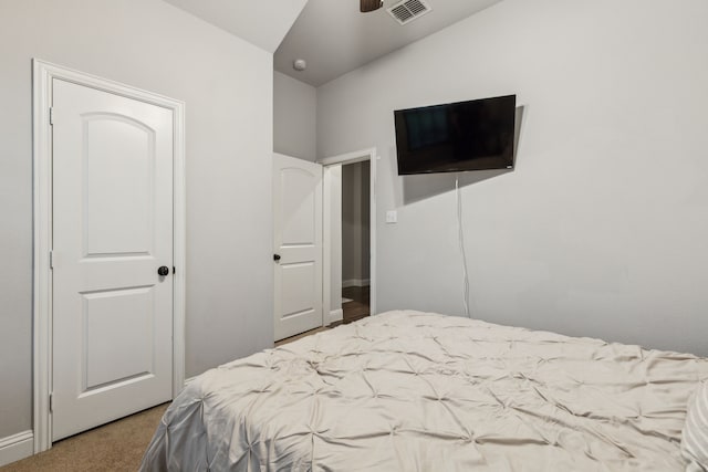 417 Highmeadow Dr, Aubrey, TX 76227 - carpeted bedroom with ceiling fan, lofted ceiling, and visible vents