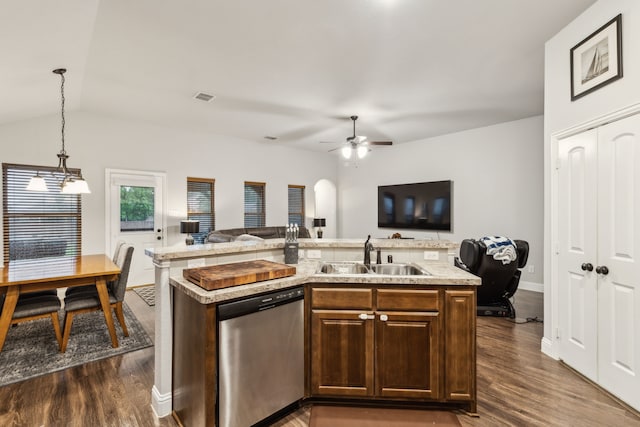 417 Highmeadow Dr, Aubrey, TX 76227 - kitchen with open floor plan, light countertops, a sink, dark wood finished floors, and dishwasher