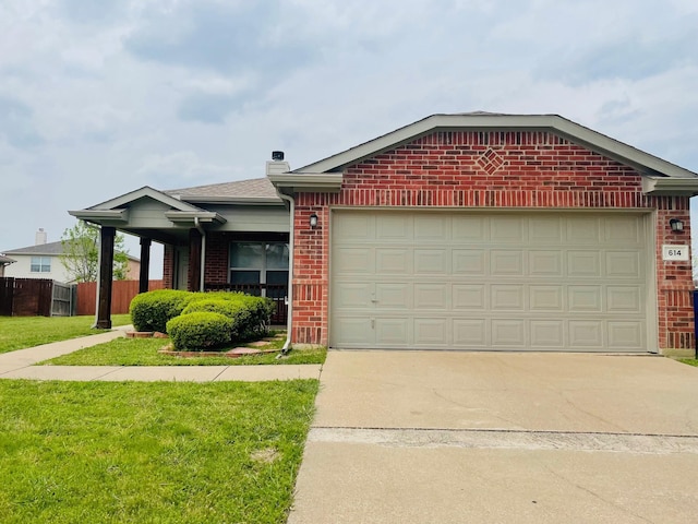 ranch-style home featuring concrete driveway, brick siding, and a garage