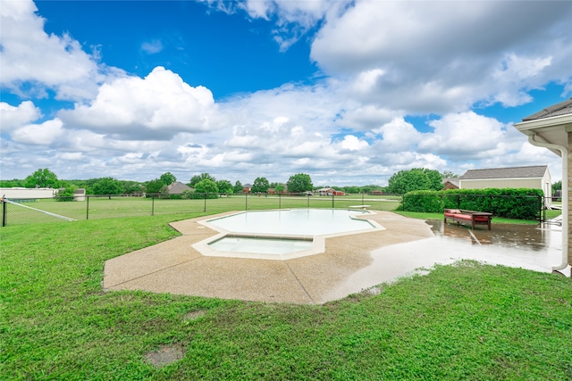 view of community with a yard, a patio, and fence