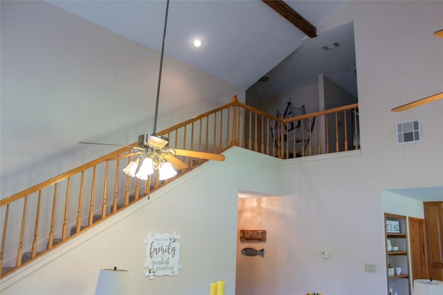 6928 Scott St, Eustace, TX 75124 - stairway with ceiling fan, high vaulted ceiling, and beamed ceiling