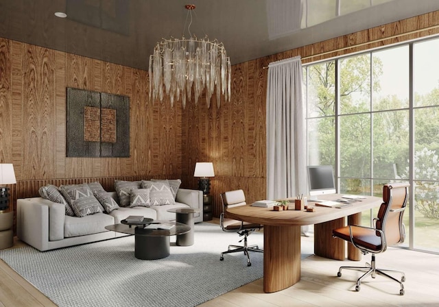 sitting room with wood finished floors and wooden walls