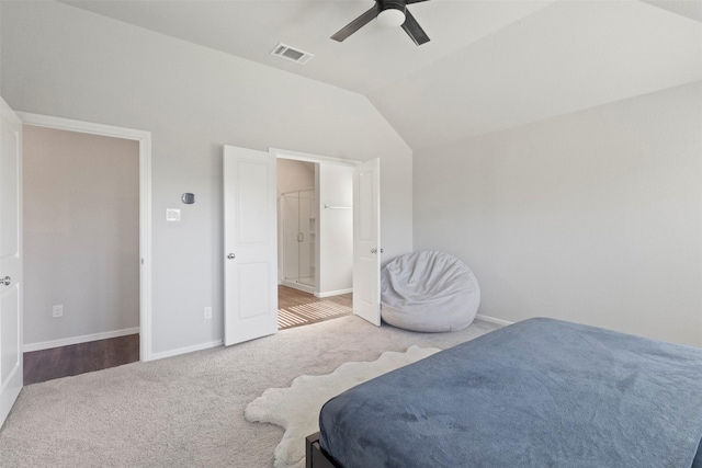 1421 Avalon Ct, Celina, TX 75009 - carpeted bedroom with vaulted ceiling, baseboards, a ceiling fan, and connected bathroom