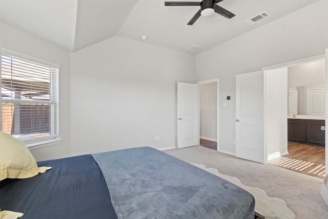 1421 Avalon Ct, Celina, TX 75009 - bedroom featuring light carpet, vaulted ceiling, ensuite bathroom, baseboards, and a ceiling fan