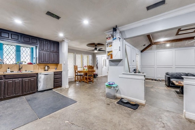 kitchen with a ceiling fan, visible vents, stainless steel dishwasher, a sink, and light countertops