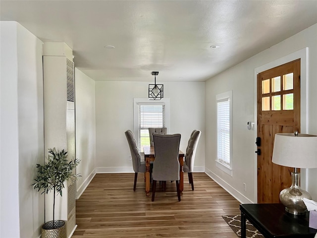 dining space featuring baseboards, wood finished floors, and a healthy amount of sunlight