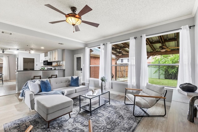 living area with visible vents, baseboards, a textured ceiling, a ceiling fan, and light wood-style flooring