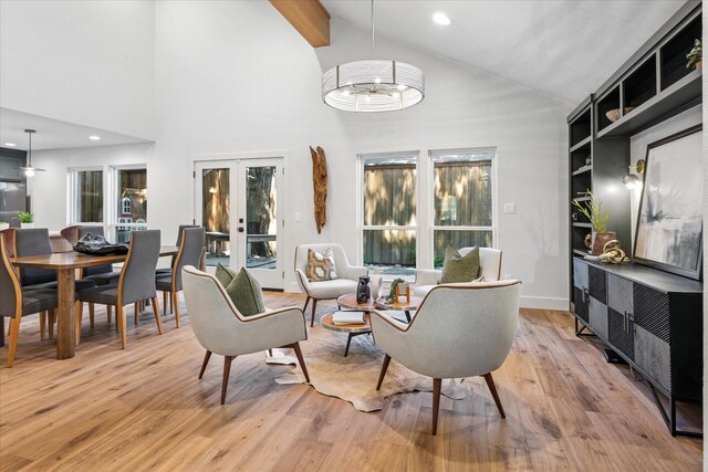 3219 Bryan St, Dallas, TX 75204 - living room featuring light wood finished floors, high vaulted ceiling, french doors, recessed lighting, and beamed ceiling