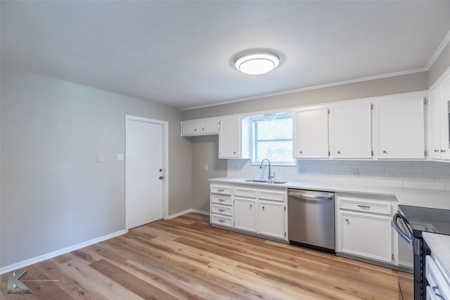 kitchen with stainless steel dishwasher, a sink, white cabinetry, and black / electric stove