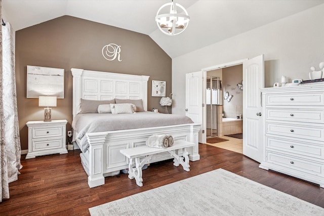 11308 Hubbard Creek Dr, Frisco, TX 75036 - bedroom with vaulted ceiling, a chandelier, wood finished floors, and connected bathroom