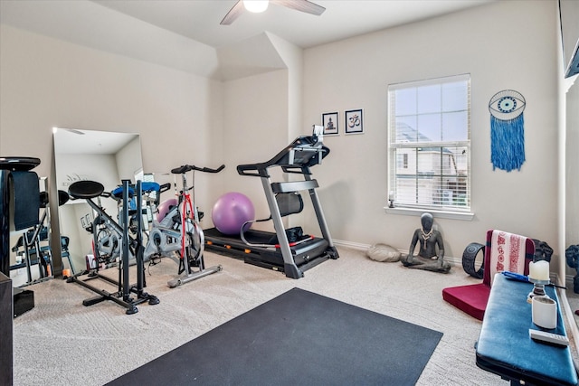 11308 Hubbard Creek Dr, Frisco, TX 75036 - exercise room featuring a ceiling fan, carpet flooring, and baseboards
