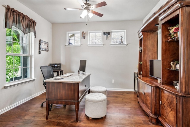 11308 Hubbard Creek Dr, Frisco, TX 75036 - home office with ceiling fan, dark wood-type flooring, and baseboards