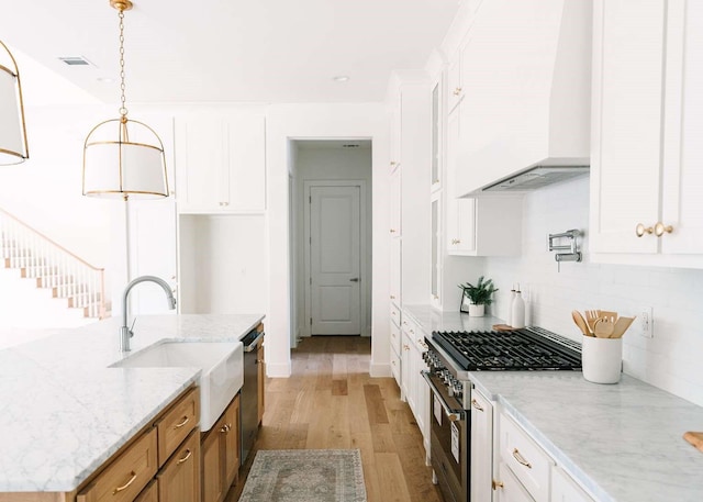 kitchen with a sink, light wood finished floors, stainless steel appliances, custom range hood, and tasteful backsplash