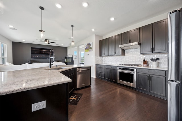 kitchen with a sink, appliances with stainless steel finishes, tasteful backsplash, and under cabinet range hood