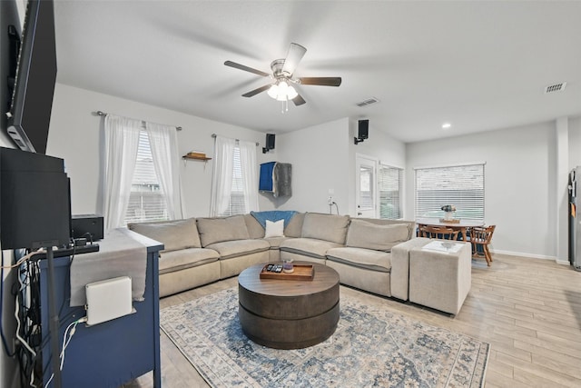 8557 Big Apple Dr, Fort Worth, TX 76179 - living room with ceiling fan, light wood-type flooring, baseboards, and recessed lighting