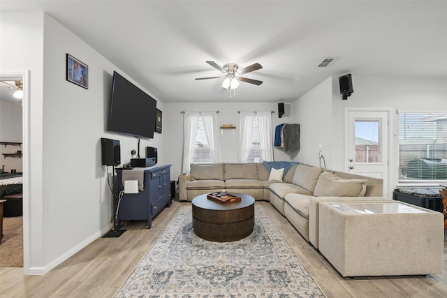 8557 Big Apple Dr, Fort Worth, TX 76179 - living room featuring baseboards, visible vents, light wood-style flooring, and ceiling fan