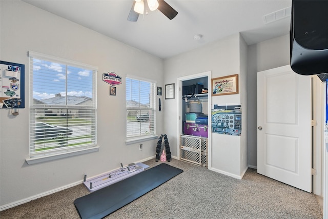 8557 Big Apple Dr, Fort Worth, TX 76179 - exercise room featuring carpet flooring, a ceiling fan, and baseboards
