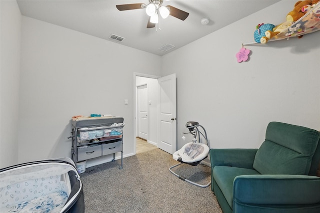 8557 Big Apple Dr, Fort Worth, TX 76179 - living area with carpet flooring, visible vents, and ceiling fan