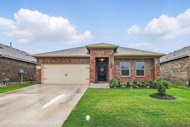 8557 Big Apple Dr, Fort Worth, TX 76179 - prairie-style house with brick siding, driveway, a garage, a front lawn, and a shingled roof