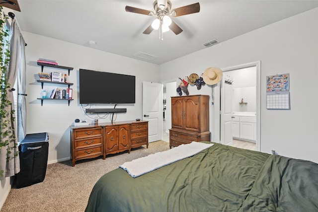 8557 Big Apple Dr, Fort Worth, TX 76179 - bedroom featuring ensuite bath, visible vents, ceiling fan, carpet flooring, and baseboards