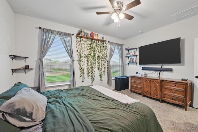 8557 Big Apple Dr, Fort Worth, TX 76179 - bedroom with light colored carpet, ceiling fan, and visible vents