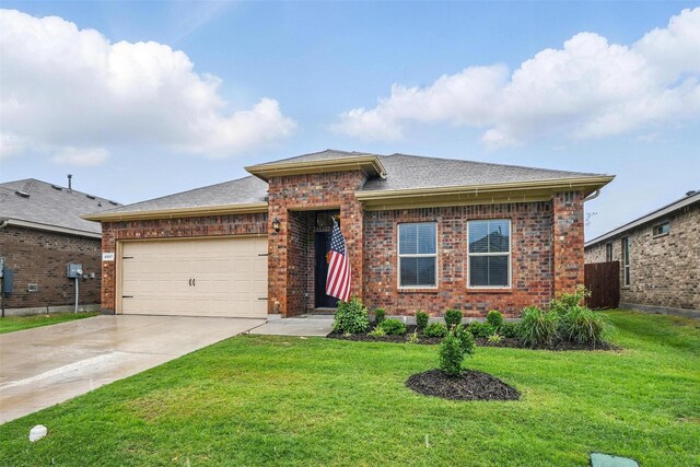 8557 Big Apple Dr, Fort Worth, TX 76179 - prairie-style home with concrete driveway, brick siding, an attached garage, and a front lawn
