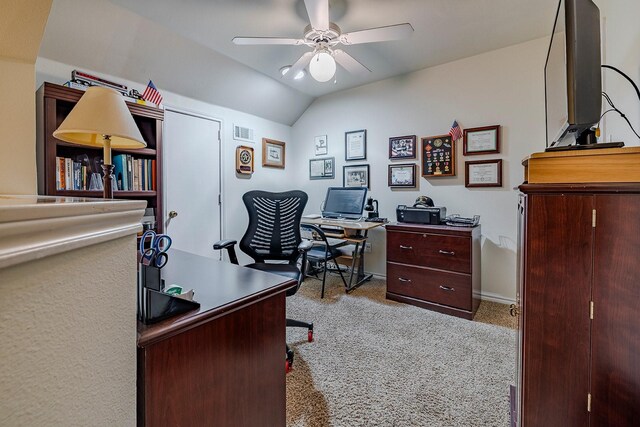 415 Oak Leaf Dr, Duncanville, TX 75137 - carpeted home office featuring a ceiling fan, baseboards, visible vents, and vaulted ceiling