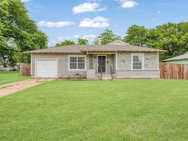 ranch-style house featuring fence, an attached garage, stone siding, a front yard, and driveway