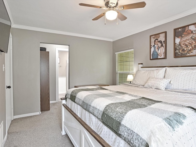 bedroom featuring baseboards, ornamental molding, ceiling fan, and light carpet