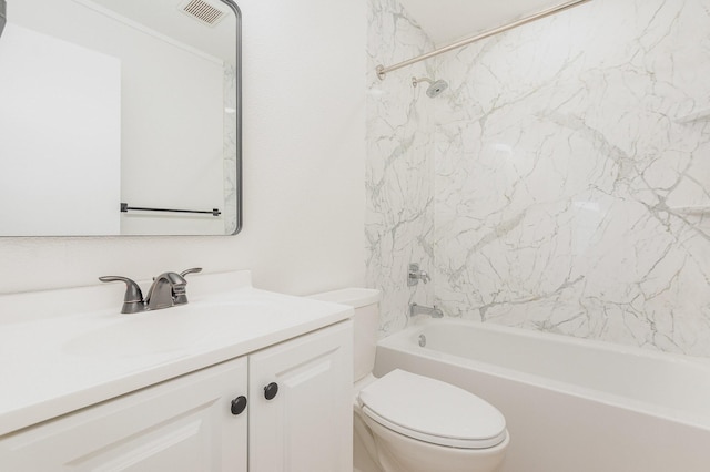 full bathroom with bathing tub / shower combination, vanity, toilet, and visible vents