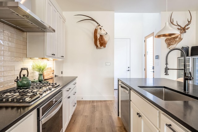 kitchen with wall chimney range hood, appliances with stainless steel finishes, a sink, light wood-type flooring, and backsplash