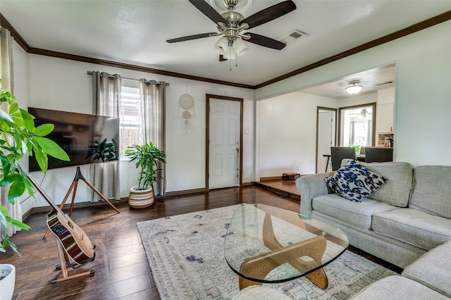 living room featuring ceiling fan, visible vents, hardwood / wood-style flooring, baseboards, and ornamental molding