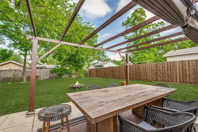 view of patio / terrace with a pergola, a fire pit, a fenced backyard, and outdoor dining area