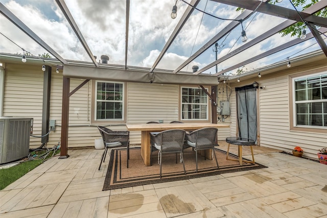 exterior space with a pergola, central AC, outdoor dining space, and a deck