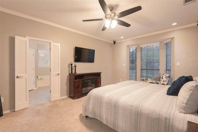 bedroom featuring a textured ceiling, access to outside, ornamental molding, light carpet, and recessed lighting