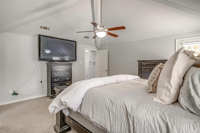 carpeted bedroom featuring visible vents, a ceiling fan, baseboards, and lofted ceiling