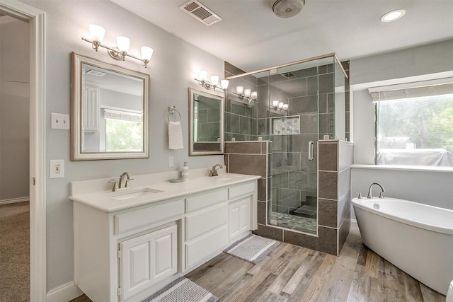 full bathroom with visible vents, a healthy amount of sunlight, a sink, and a stall shower