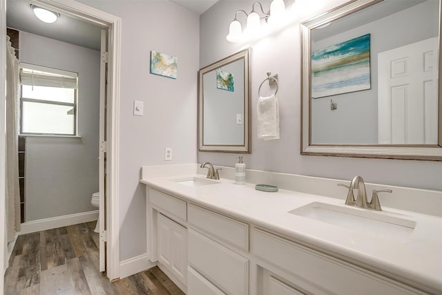 bathroom with double vanity, a sink, wood finished floors, and toilet